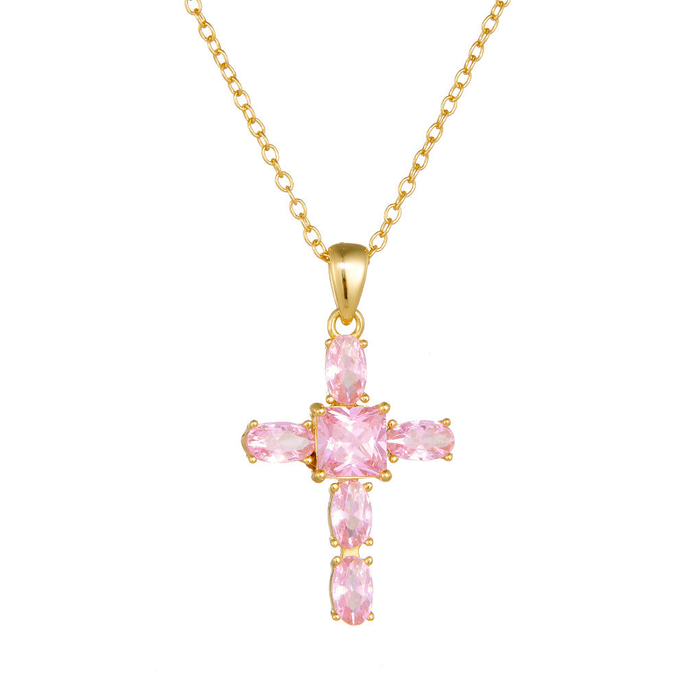 Pink CZ Cross 925 Sterling Silver Necklace