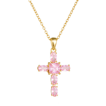 Pink CZ Cross 925 Sterling Silver Necklace