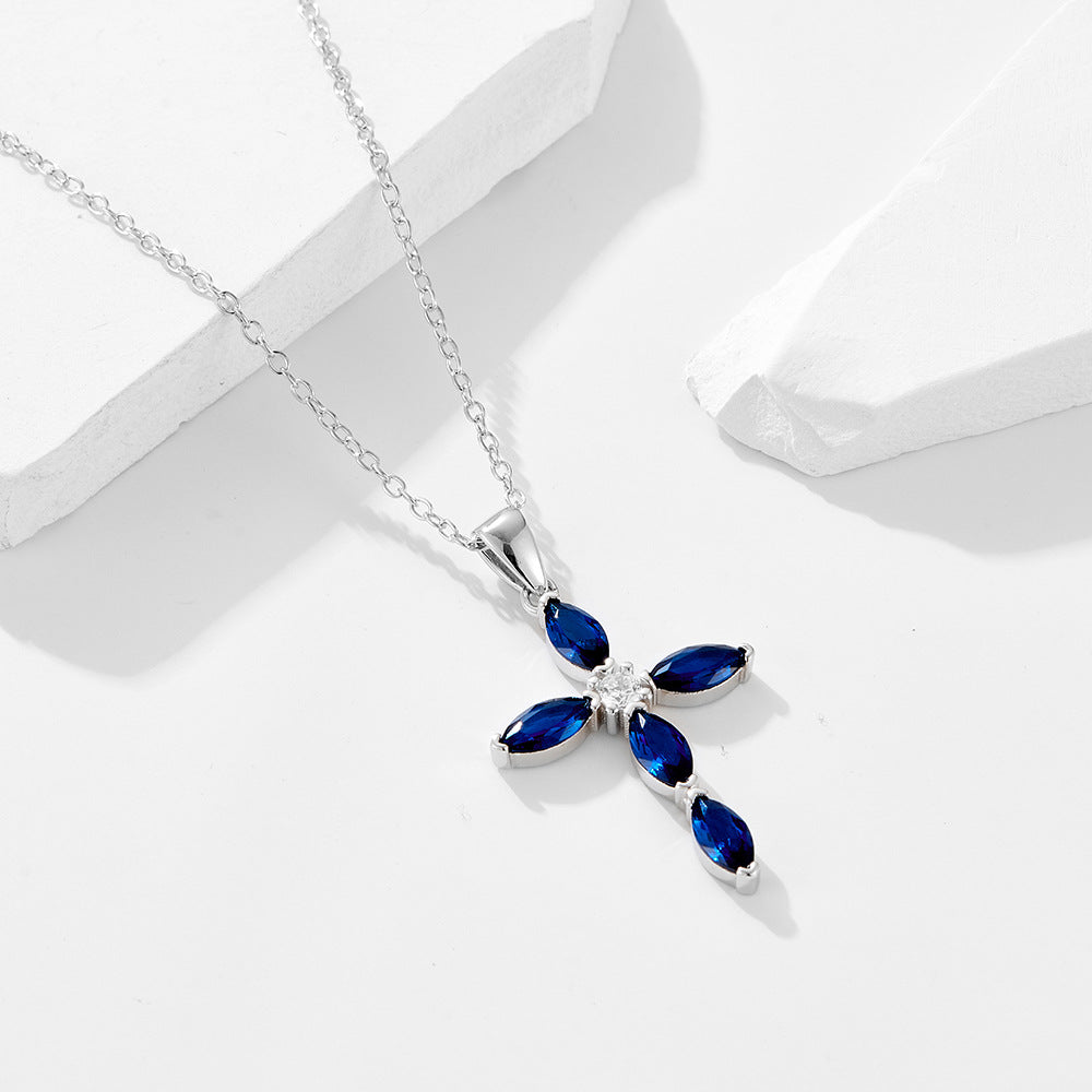 Blue Oval Cross CZ 925 Sterling Silver Necklace