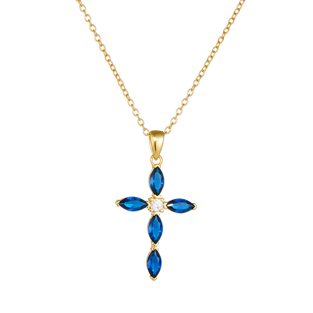 Blue Oval Cross CZ 925 Sterling Silver Necklace