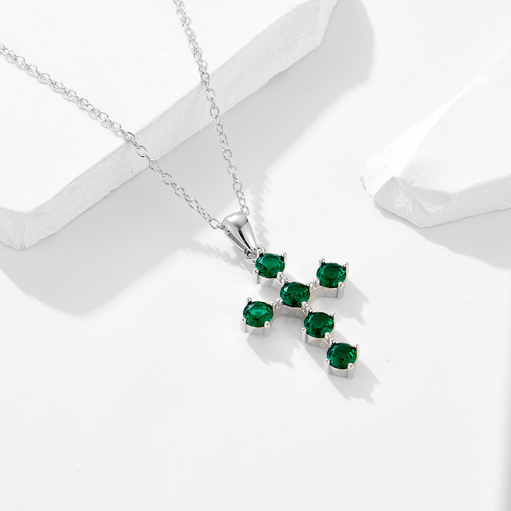 Green CZ Cross 925 Sterling Silver Necklace