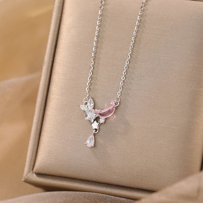 Pink CZ Crescent Moon and Shining Star 925 Sterling Silver Necklace