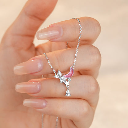 Pink CZ Crescent Moon and Shining Star 925 Sterling Silver Necklace