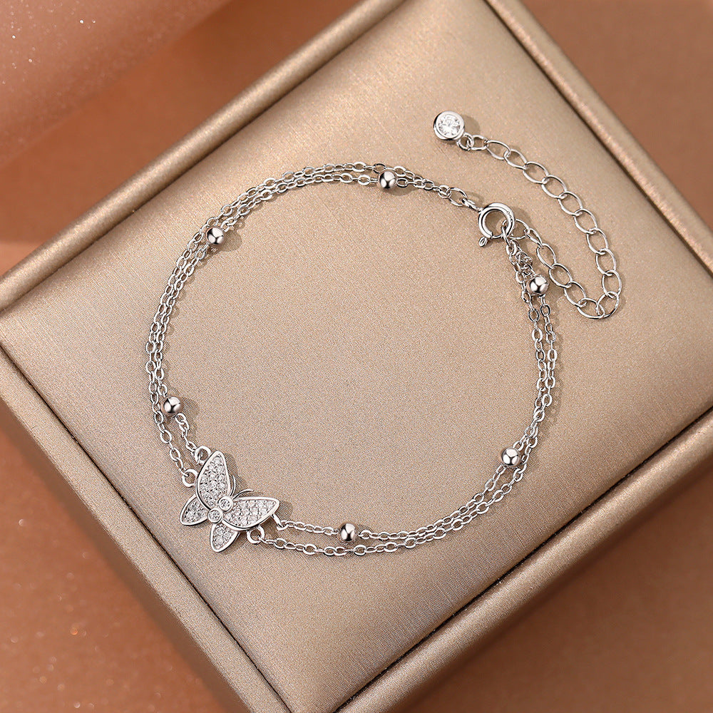 Double Layers Micro Setting CZ Butterfly 925 Sterling Silver Bracelet