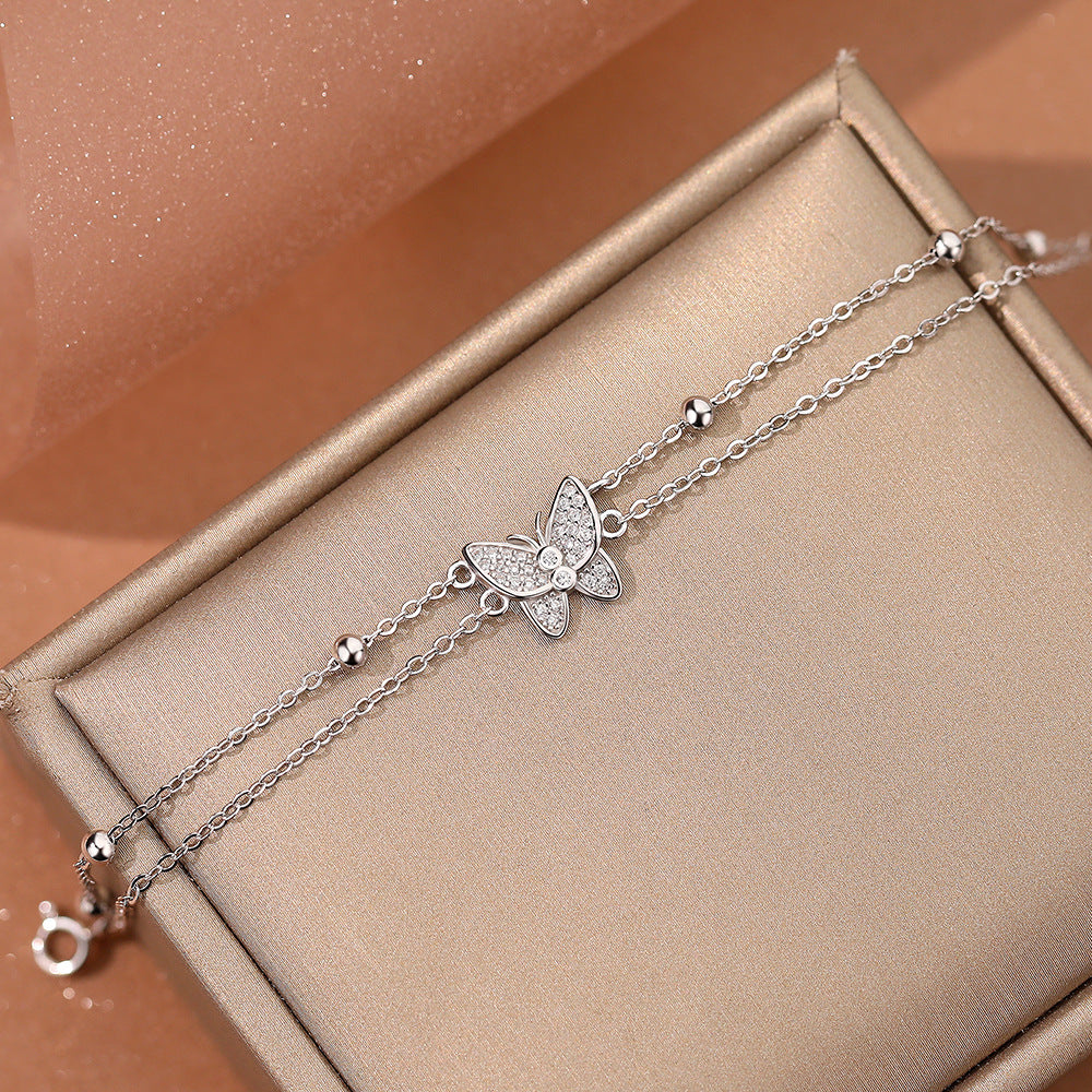 Double Layers Micro Setting CZ Butterfly 925 Sterling Silver Bracelet