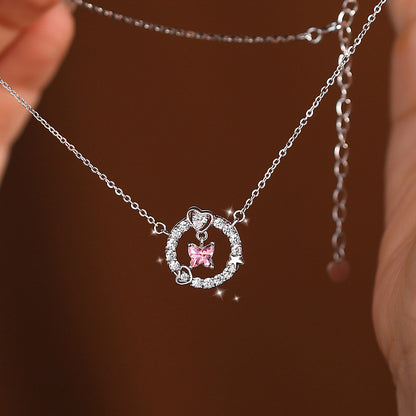 Pink CZ Butterfly Heart Circle 925 Sterling Silver Necklace