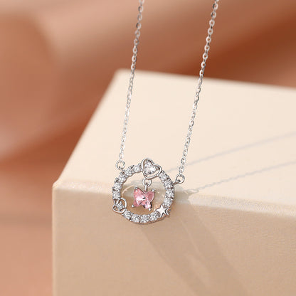 Pink CZ Butterfly Heart Circle 925 Sterling Silver Necklace