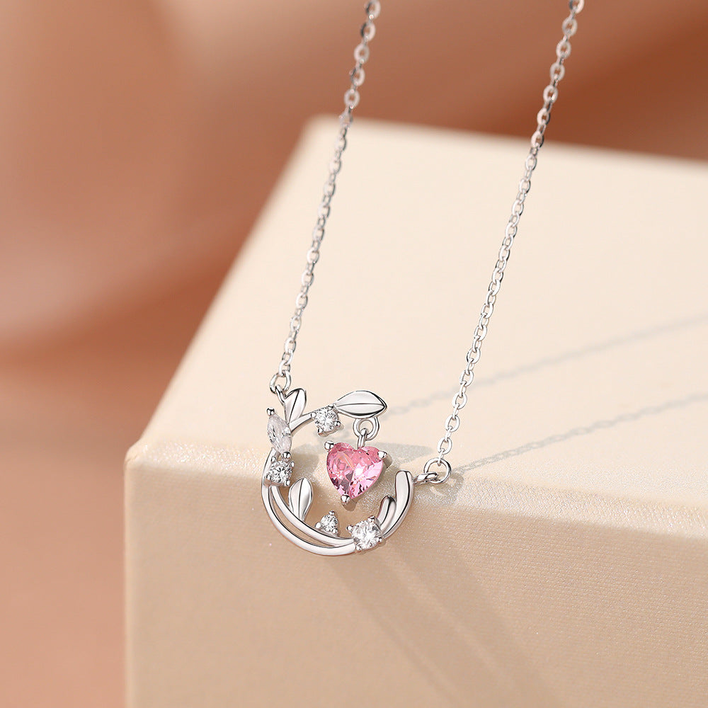 Pink CZ Heart Tree Branch 925 Sterling Silver Necklace