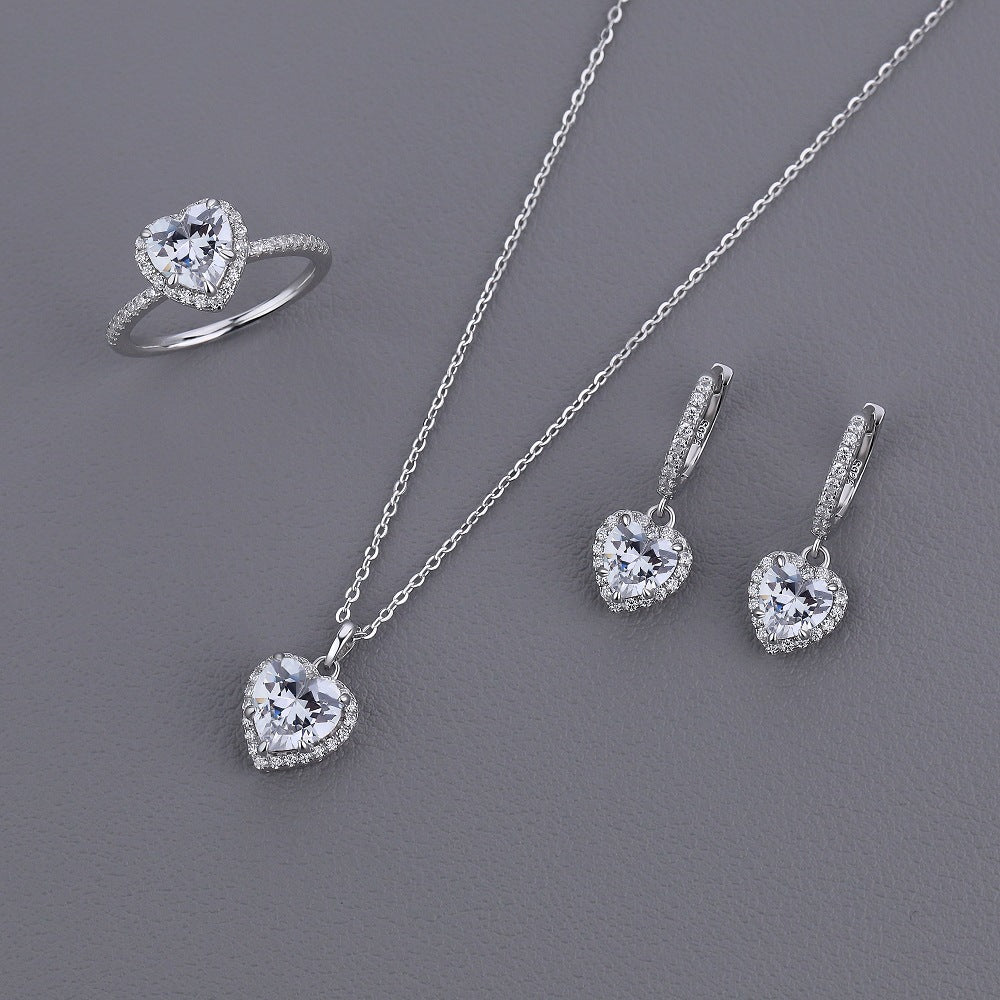 CZ Heart 925 Sterling Silver Adjustable Ring Earrings Necklace