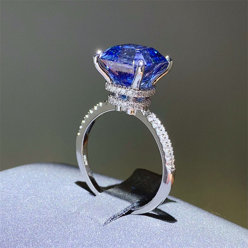 5 Carat Ocean Blue Moissanite and Zircon 925 Sterling Silver Ring