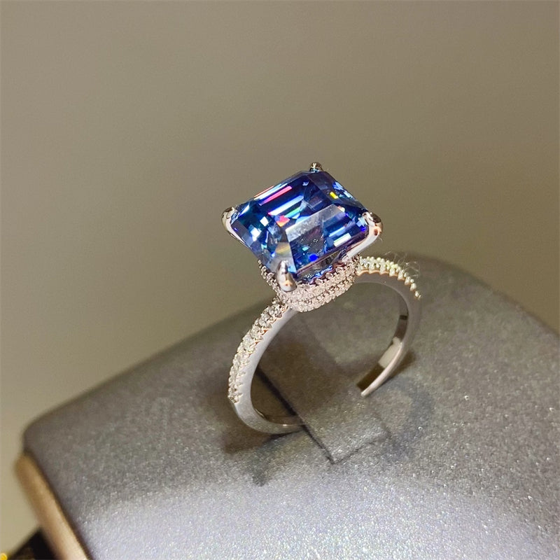 5 Carat Ocean Blue Moissanite and Zircon 925 Sterling Silver Ring