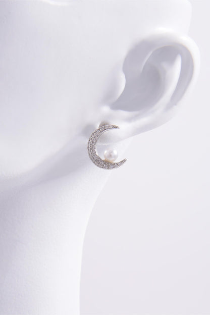 925 Sterling Silver Pearl and Zircon Moon Shape Earrings