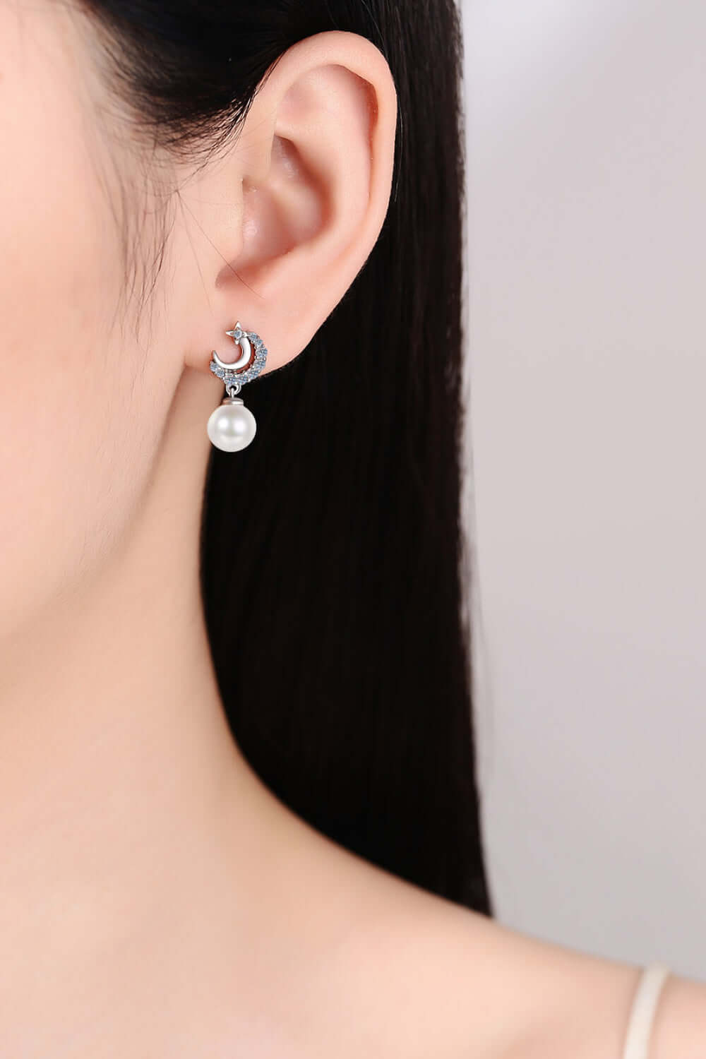 Crescent Moon Moissanite Pearl Drop Earrings