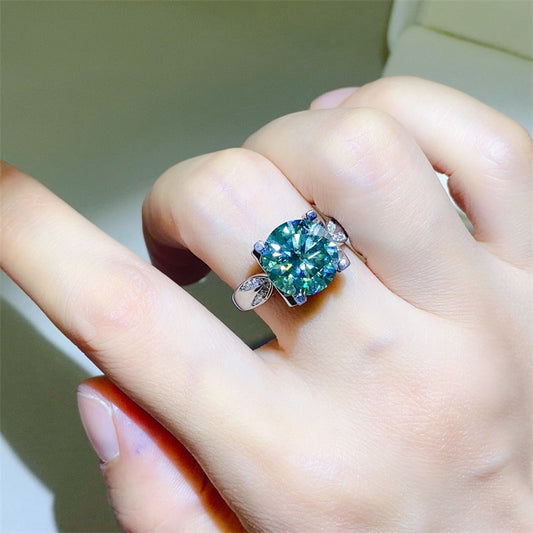 5 Carat Round Cut Green Moissanite and Zircon 925 Sterling Silver Ring