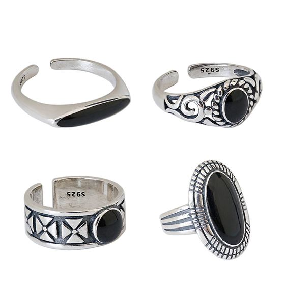 Black Geometry 925 Sterling Silver Adjustable Ring