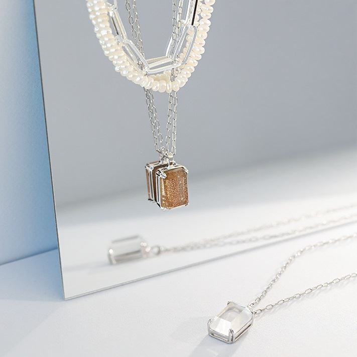 Square Golden Sandstone White Crystal 925 Sterling Silver Necklace