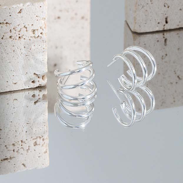 Triple Layer Lines 925 Sterling Silver Stud Earrings