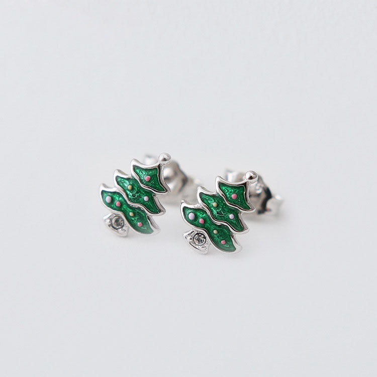 Green Enamel CZ Christmas Tree 925 Sterling Silver Stud Earrings