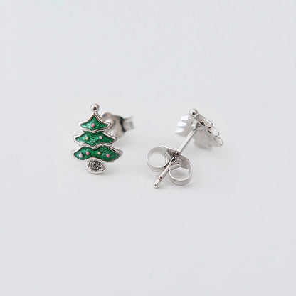 Green Enamel CZ Christmas Tree 925 Sterling Silver Stud Earrings