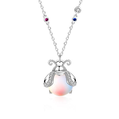 Natural Moonstone Ladybug CZ 925 Sterling Silver Necklace