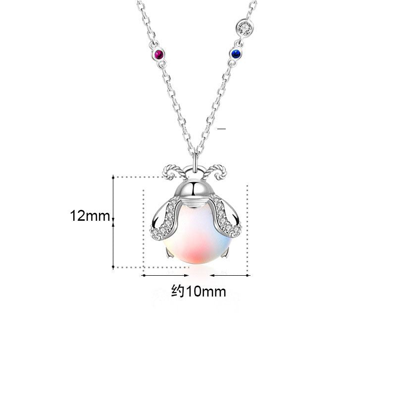 Natural Moonstone Ladybug CZ 925 Sterling Silver Necklace