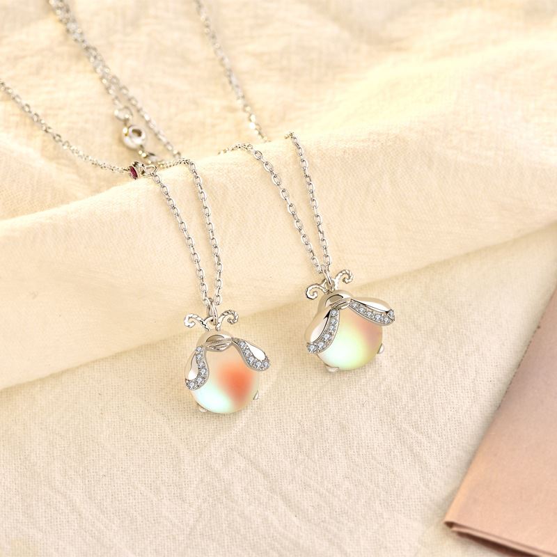 Natural Moonstone Ladybug CZ 925 Sterling Silver Necklace