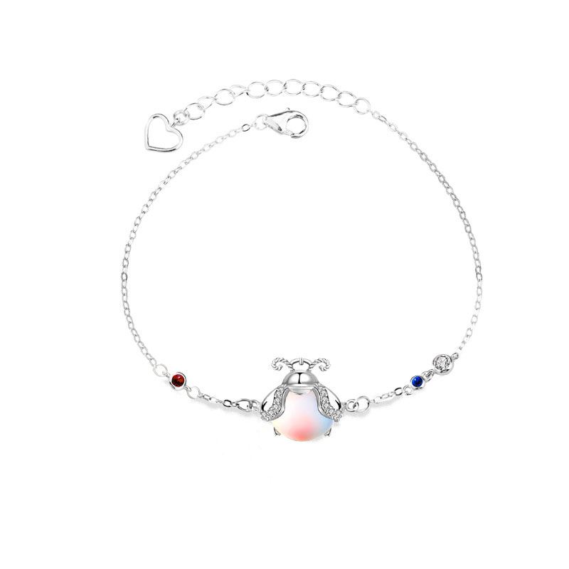 CZ Natural Moonstone Ladybug 925 Sterling Silver Bracelet