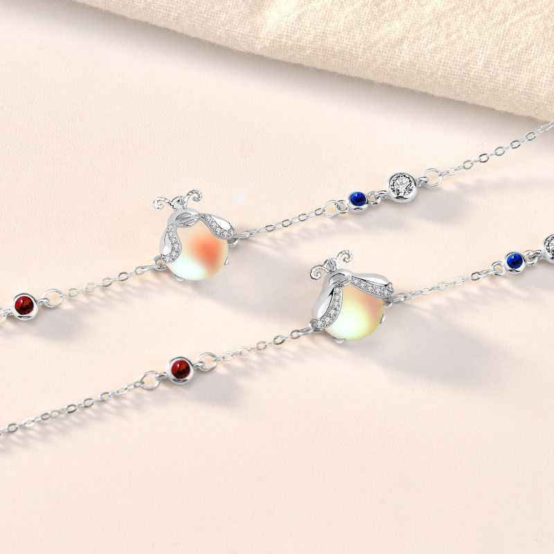 CZ Natural Moonstone Ladybug 925 Sterling Silver Bracelet