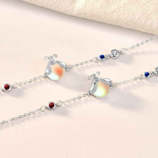 CZ Natural Moonstone Ladybug 925 Sterling Silver Bracelet