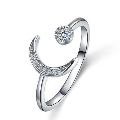 Crescent Moon CZ 925 Sterling Silver Adjustable Ring