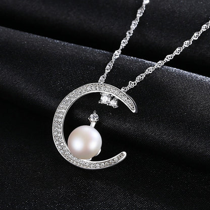 CZ Natural Pearl On Crescent Moon 925 Sterling Silver Necklace