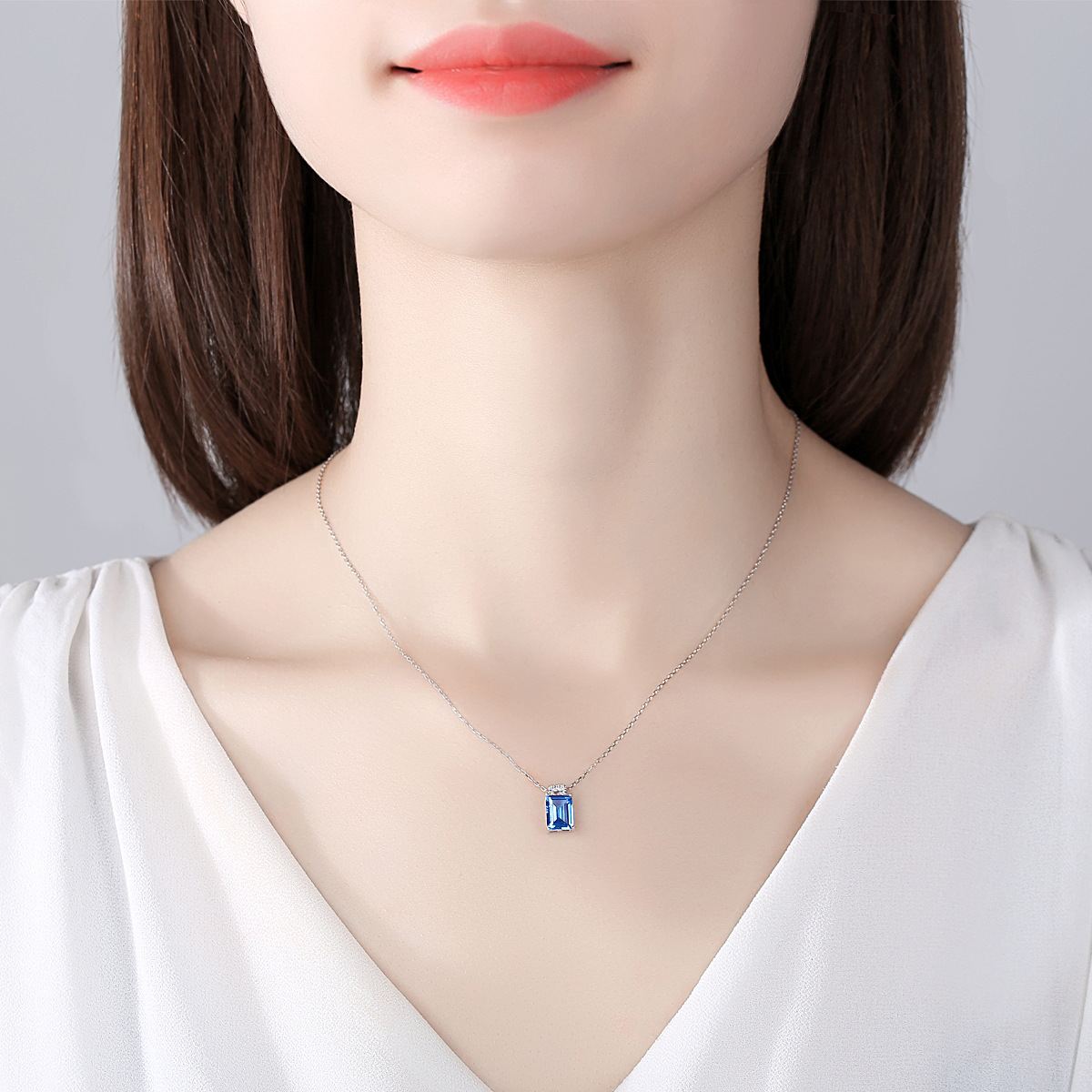 Blue CZ Baguette 925 Sterling Silver Necklace