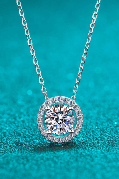 1 Carat Moissanite Round Halo Pendant Chain Necklace