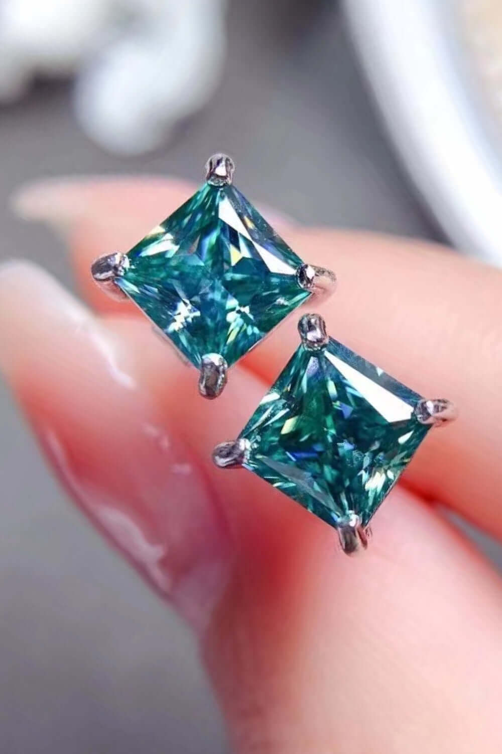 2 Carat Square Green Moissanite Four-Prong Earrings