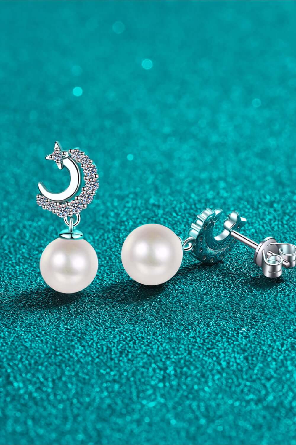 Crescent Moon Moissanite Pearl Drop Earrings