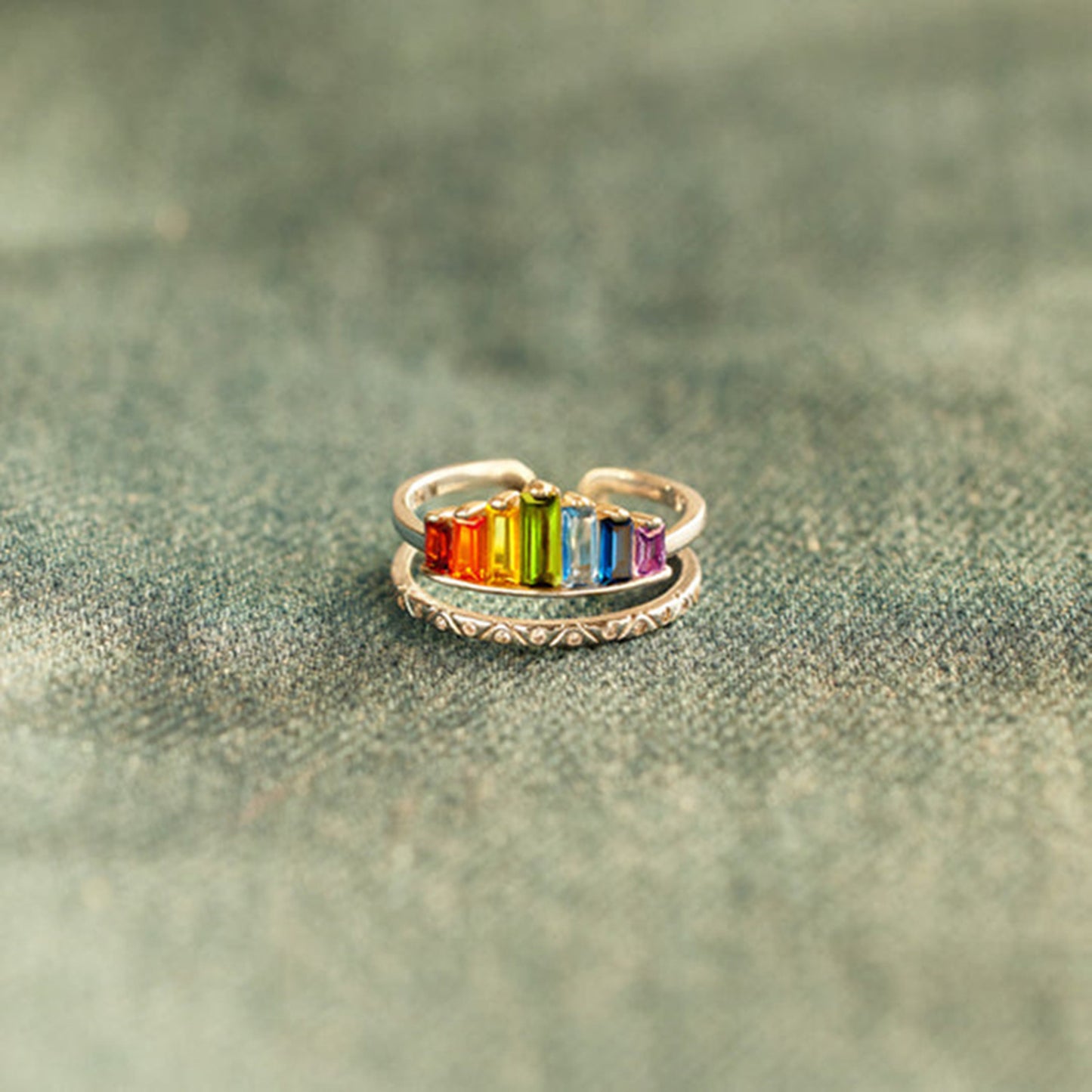 Rainbow Zircon 925 Sterling Silver Double-Layered Ring