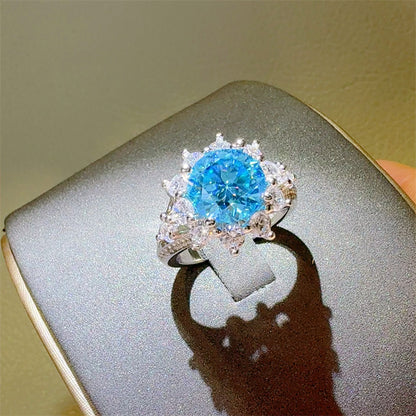 3 Carat Bright Blue Moissanite and Zircon 925 Sterling Silver Ring