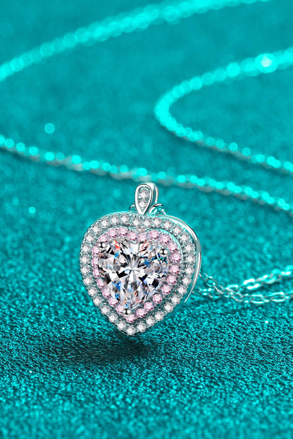 925 Sterling Silver 1 Carat Moissanite Heart Halo Pendant Necklace