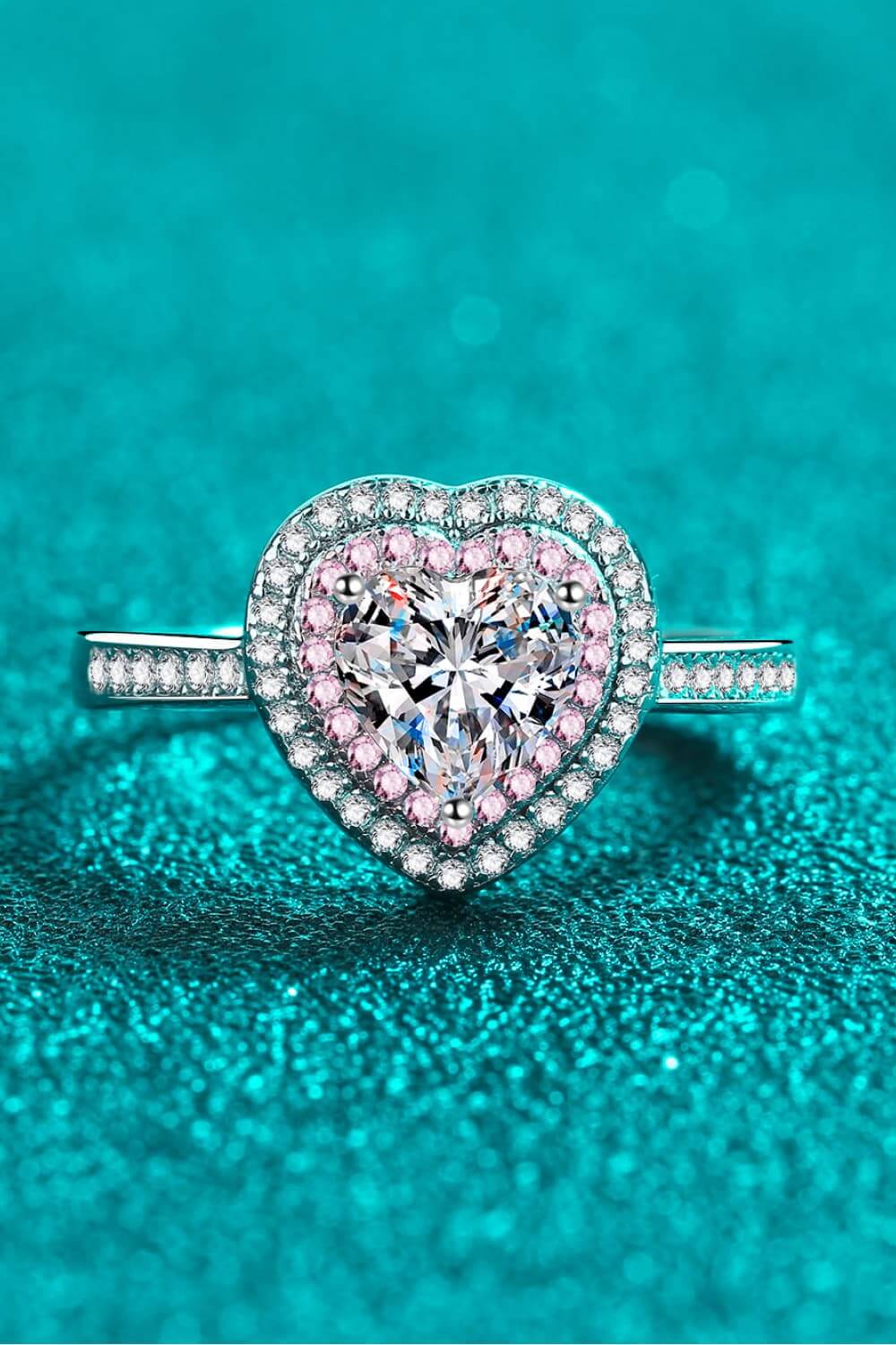 1 Carat Pink and White Moissanite Heart Ring