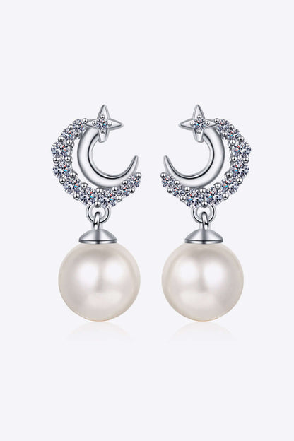 Crescent Moon Moissanite Pearl Drop Earrings